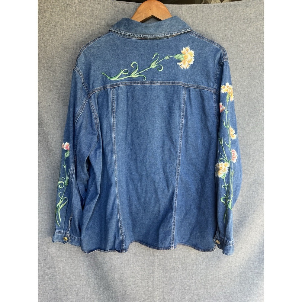 Bob Mackie Wearable Art Denim Shirt Womens Sz 1X Floral Embroidered Button‎ Down
